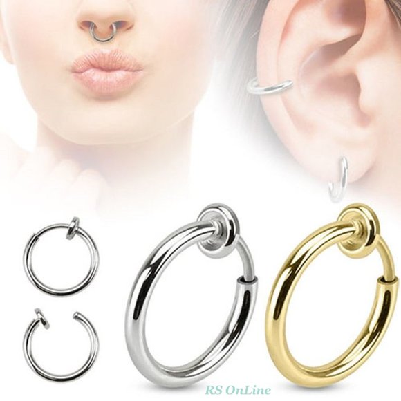 Clip-on Fake Nose-Lip-Ear Body Jewelry-1-925 Silver & 1-18k Gold Plated-Hoops - Picture 1 of 5